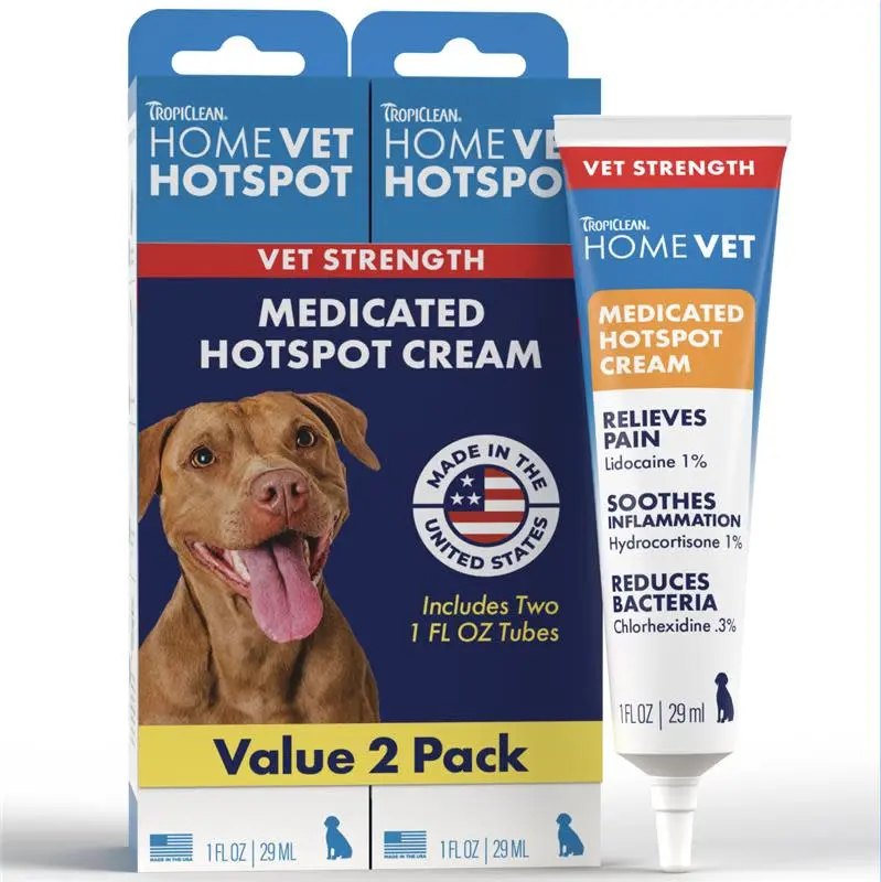 TropiClean HomeVet Medicated Cream, Hot Spot Treatment for Dogs, Fast Itch Relief, with Vet Strength Chlorhexidine & Hydrocortisone, Made in USA, 2 Pack