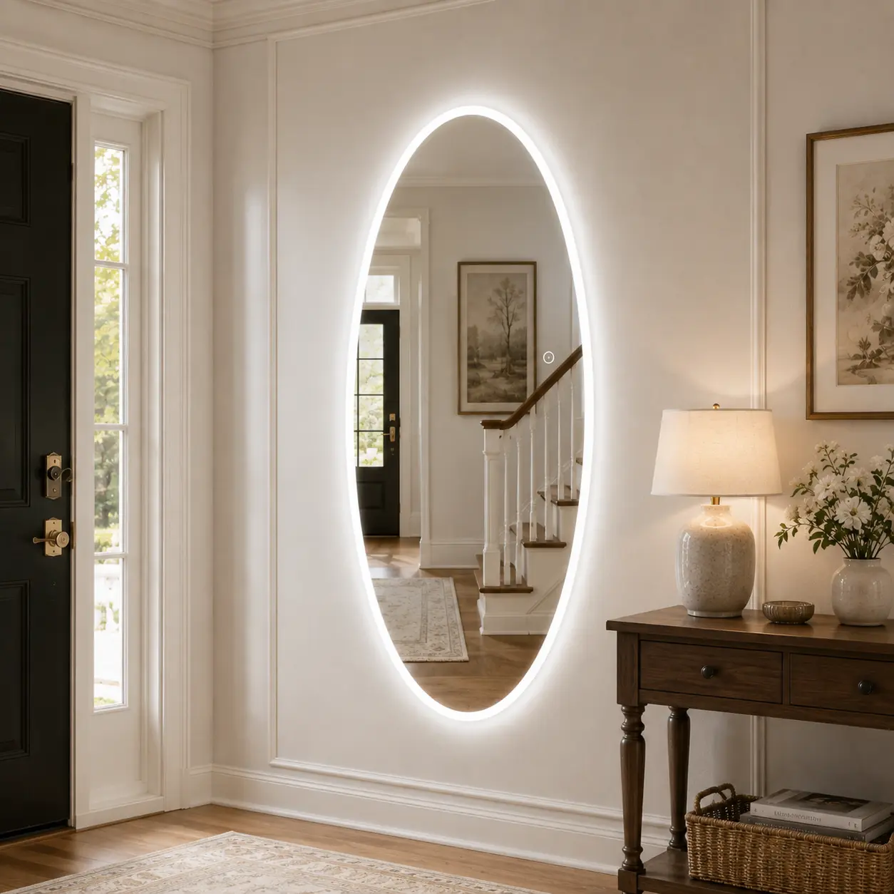 65x25 in Modern Oval LED Bathroom Mirror, Wall-Mounted Full-Length Dressing Mirror with Soft Glow Lighting, Tempered Glass, Touch Dimmer and Adjustable Brightness for Bedroom, Closet
