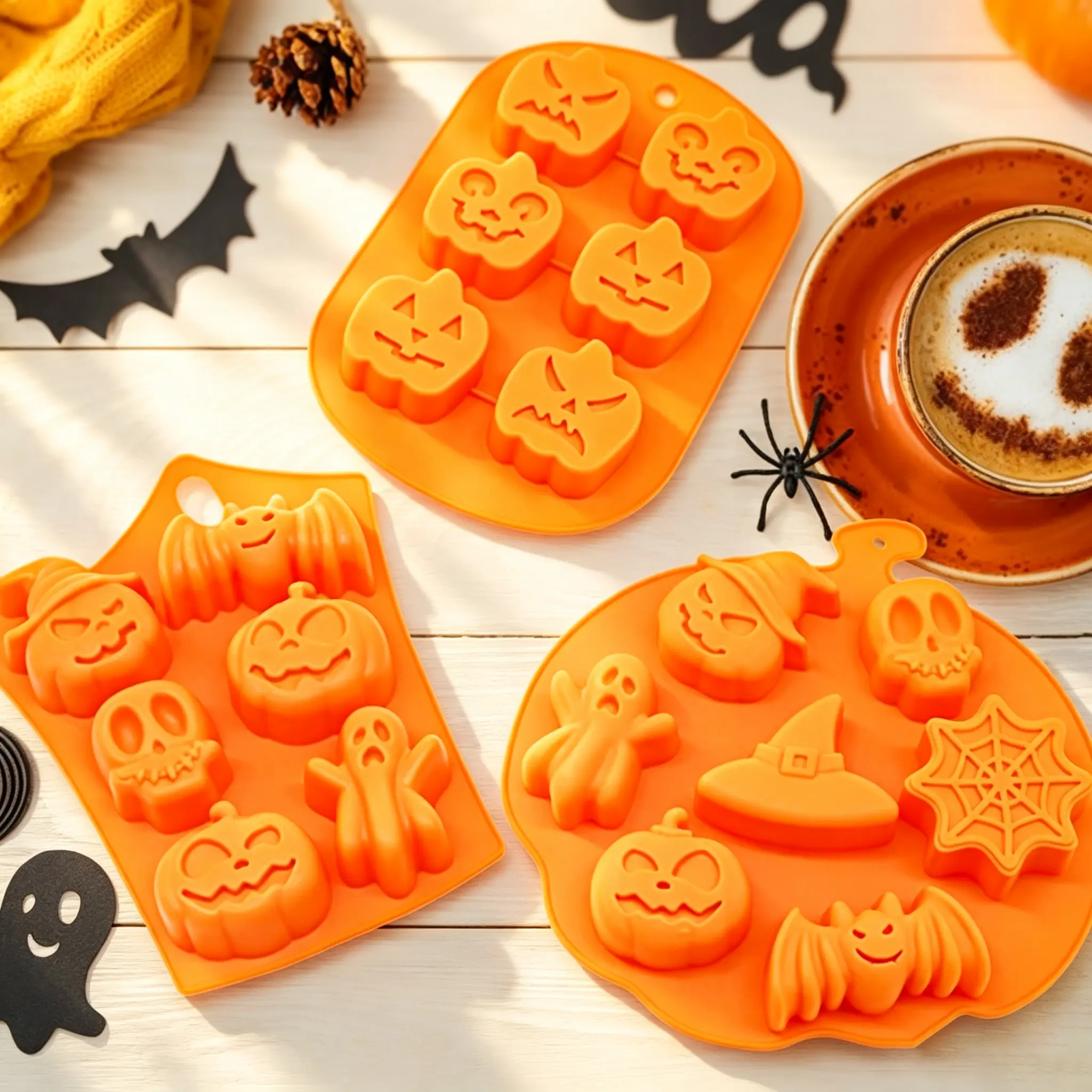 Classic Flexible Silicone Halloween Baking Molds - Various Shapes (Pumpkin, Ghost, Bat, Witch Hat, Spider Web) - Non-Stick Bakeware for DIY Party Candies, Chocolates, Cakes, Cookies