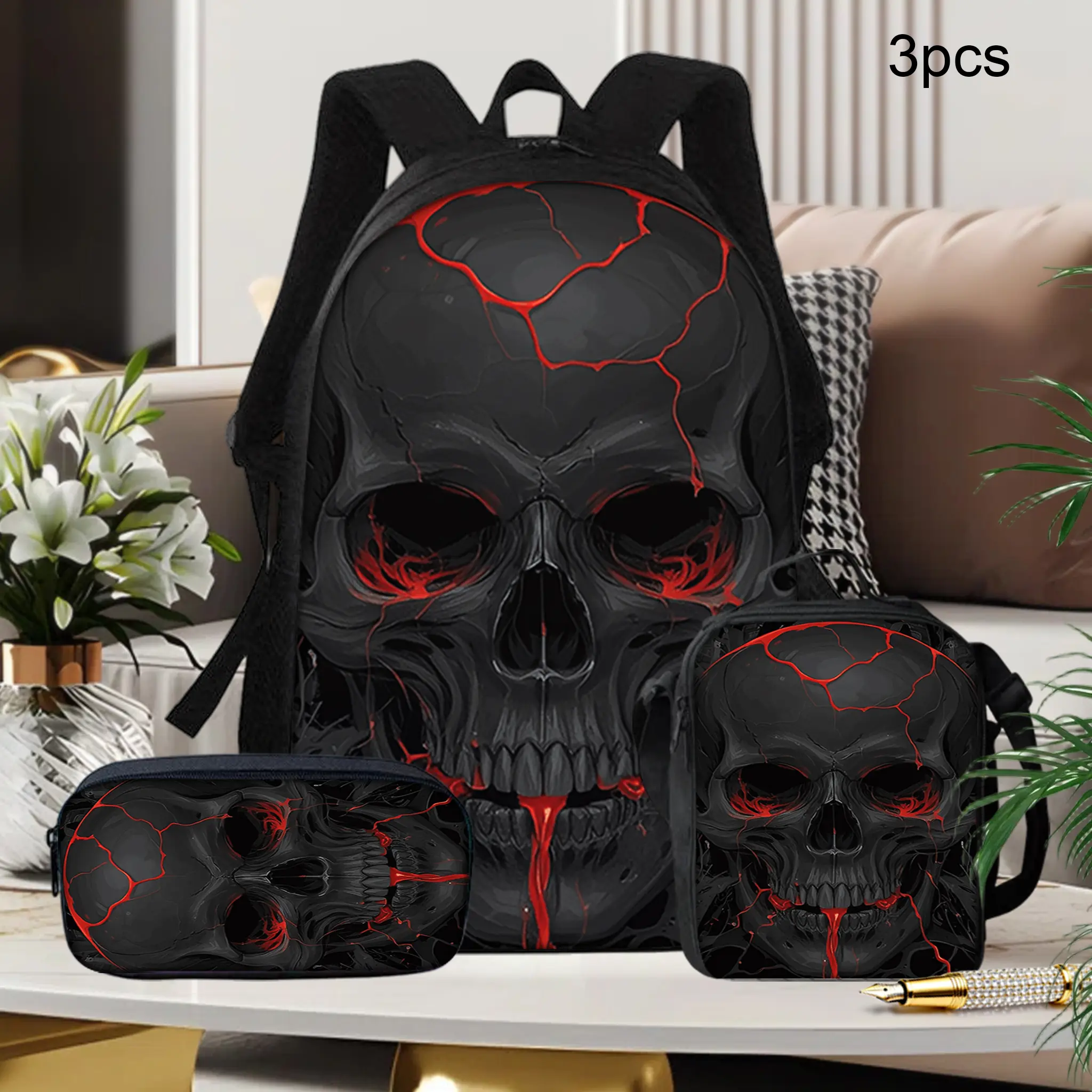 Skull Print 3PCS Backpack Set (Halloween Black with Red Lava) - Durable 600D Oxford Cloth Back to School Haul, Lunch Box & Pencil Case, Adjustable Breathable Straps, 15in Laptop Fit for Kids Teens, 3Pcs Set, Cracked Black Skull, Fiery Artwork, Insulated L