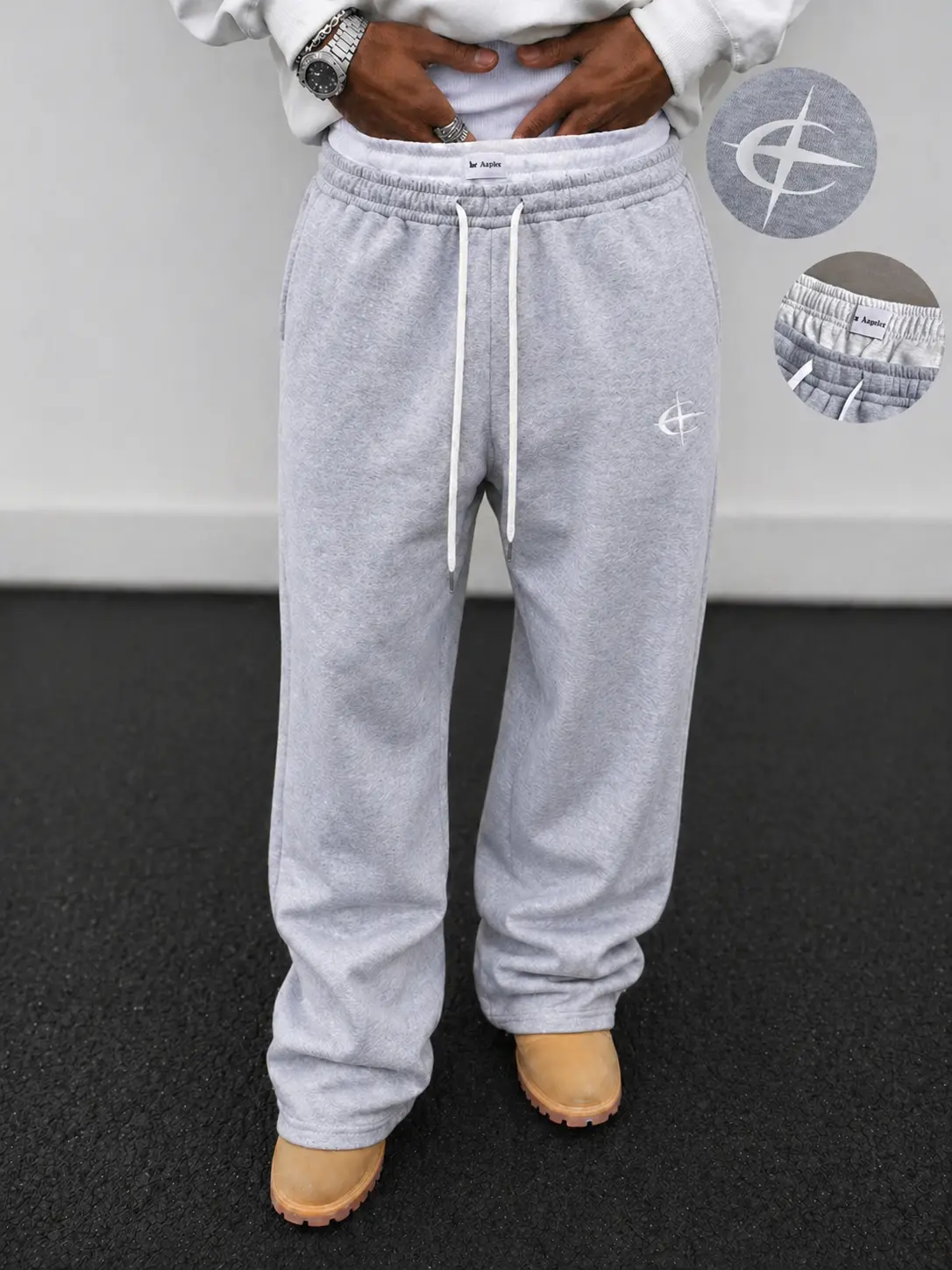 Men's Preppy Grey Cotton Knitting Sweat Pants - Double Waisted, Straight Leg, Baggy, Drawstring, Stacked Ankle, Loose-Fitted Athletic Chic Athleisure Bottoms for Casual, Lounge Wear, Grey Sweat Pants, Heather Knit, Retro, Vintage, H Type, Pure Cotton, Act