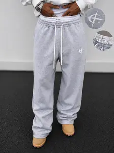 Men's Straight Leg Grey Baggy Sweatpants - Double Waistband, Loose-Fitted Comfy Athleisure Pants, Heather Knit, Drawstring, Stacked Ankle, for Casual Campus Lounge Gym Wear, Grey Sweat Pants