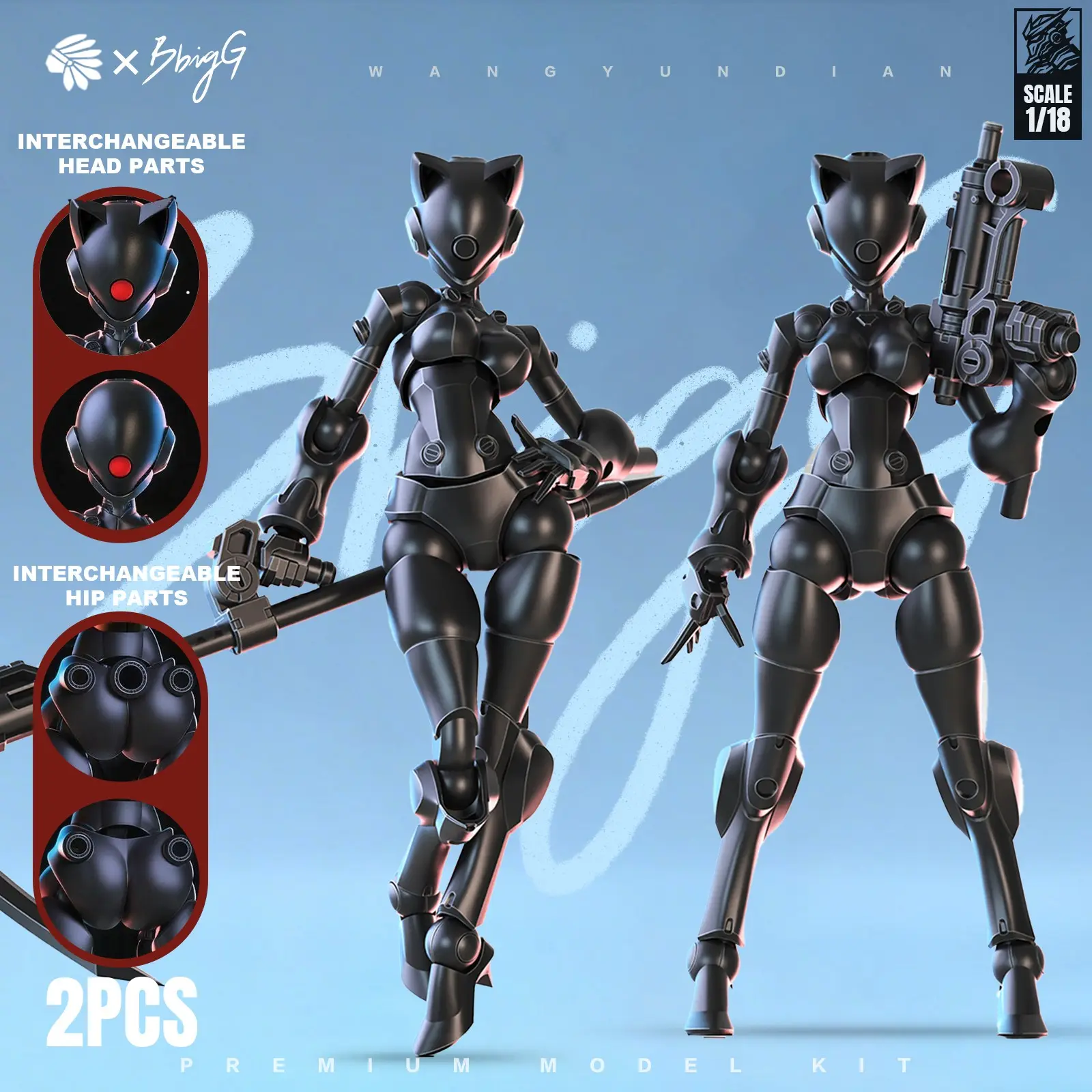 2-Pack 1/18 Sci-Fi Cyberpunk Mecha Build Model, 3.75 Inch Hyper-Movable Female Figure, Replaceable Cat Ears, Ball Joint Doll, DIY Paint Collectible Action Figures, Figurine Set, Articulated Figurines