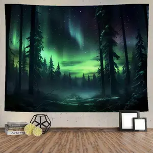 Northern Lights Forest Tapestry 80x60 Inches Aurora Borealis Misty Pine Trees Trippy Tapestry Aesthetic Wall Art Meditation Decor for Bedroom Living Room Dorm GTDJIE0005