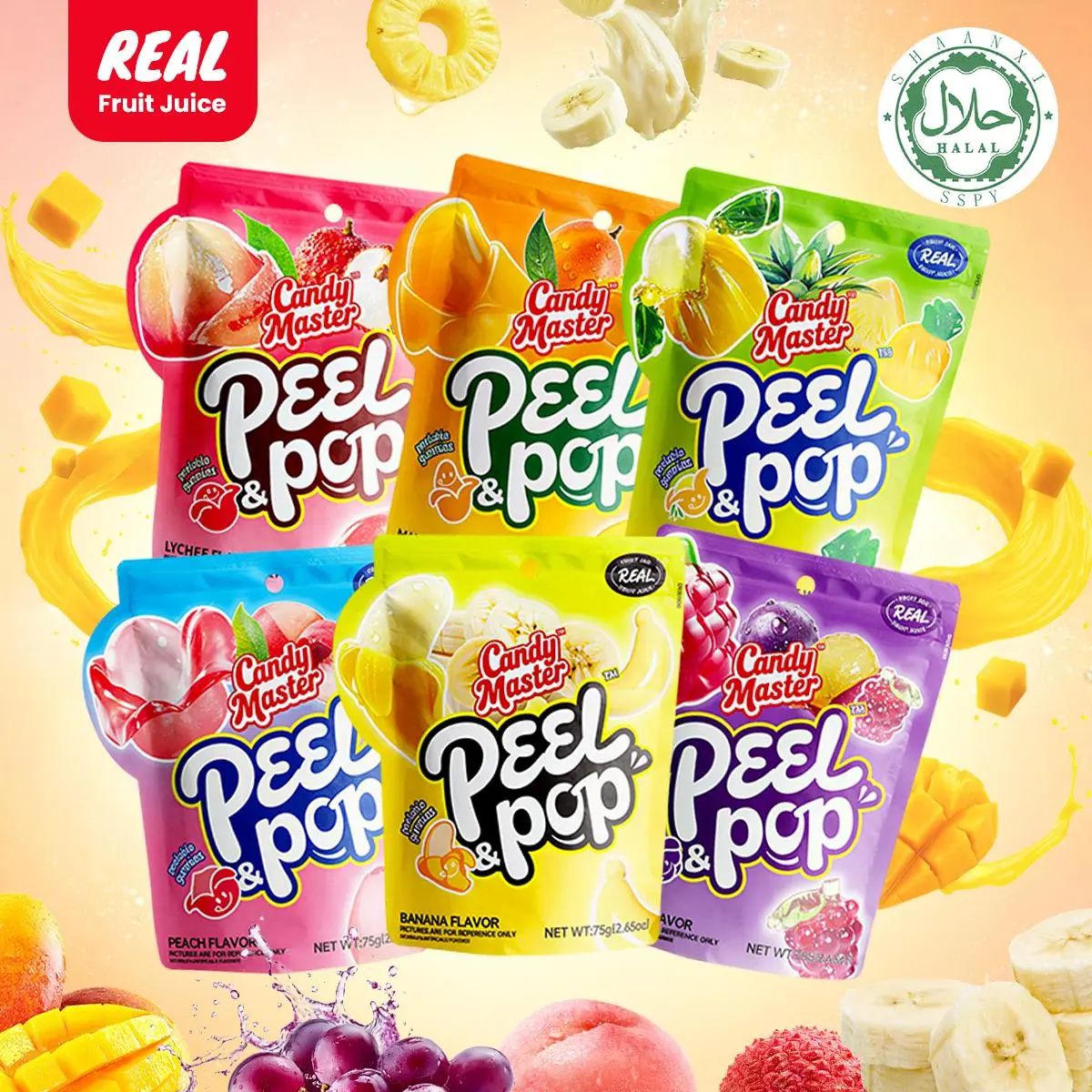 Candy Master Peel & Pop Peelable Gummy Candy - 6 Fruity Football Snacks Flavors (Banana, Lychee, Grape, Peach, Mango, Pineapple) - Juicy, Chewy, Halal Certified for Kids & Snack Lovers