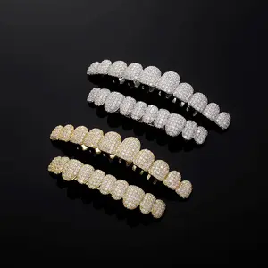 Iced Out 10 Top &10 Bottom 5A CZ Stones Teeth Grillz Punk Rapper 14K Gold Plated Zircon Tooth Caps For Mouth Jewelry brace