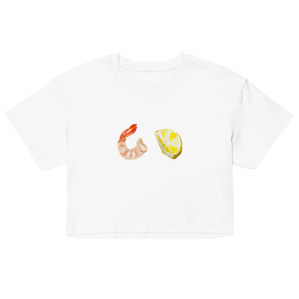 Shrimp & Lemon Crop Top, Women Cropped Baby Tee, Nautical Seafood Ocean Beach, Beachy Top Midlength Y2K Gen Z Beach Outfit