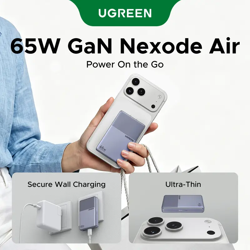 UGREEN Nexode Air 65W 3-Port USB C Charger Block, Flat USBC Wall Charger, Ultra Slim and Foldable Plug Power Adapter for MacBook Air/Neo/Pro, iPhone 17 16, Galaxy S26/S25, iPad, Grey tiktokshopbacktoschool