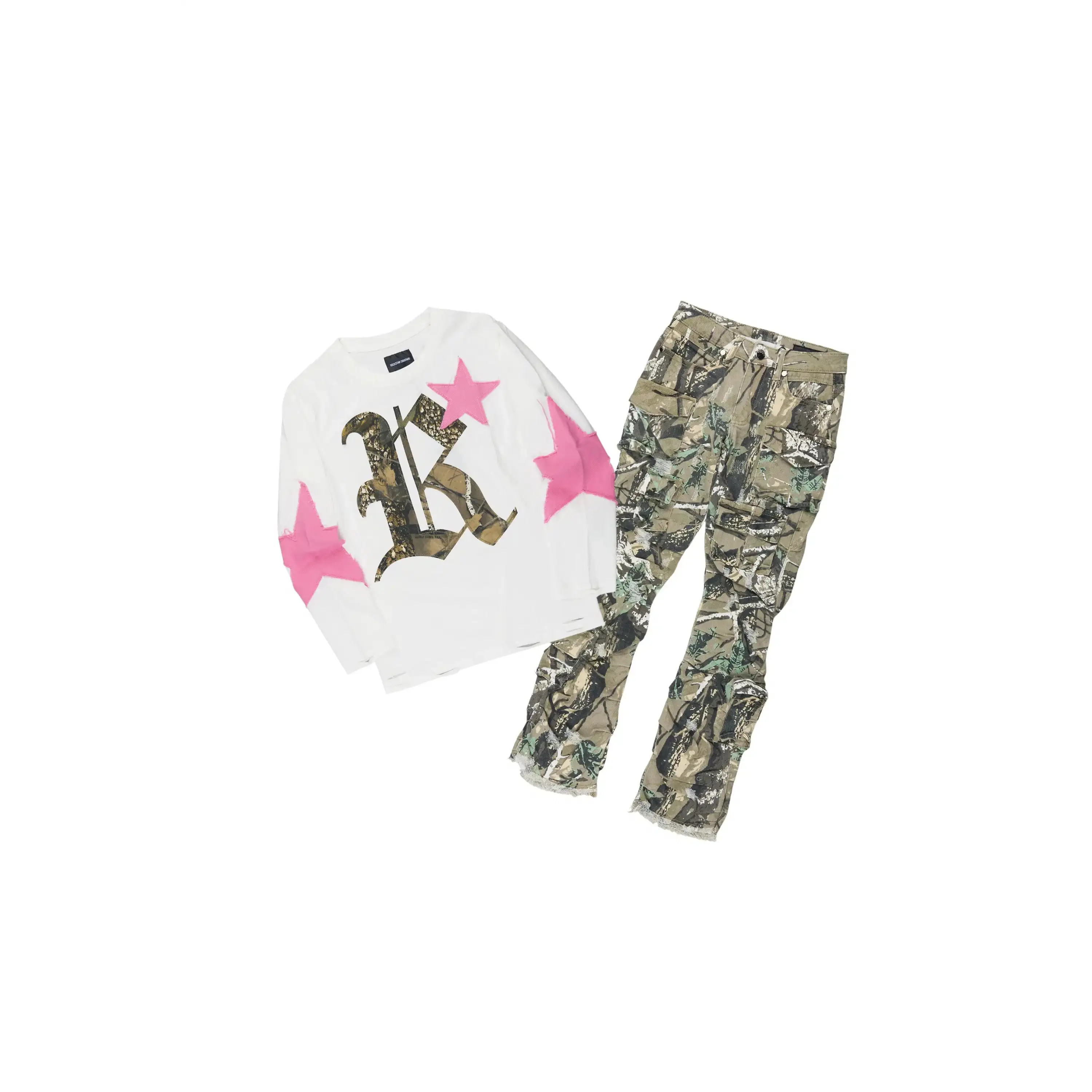 Girls Delgera White/Tree Camo Long Sleeve T-Shirt Stacked Jean Set