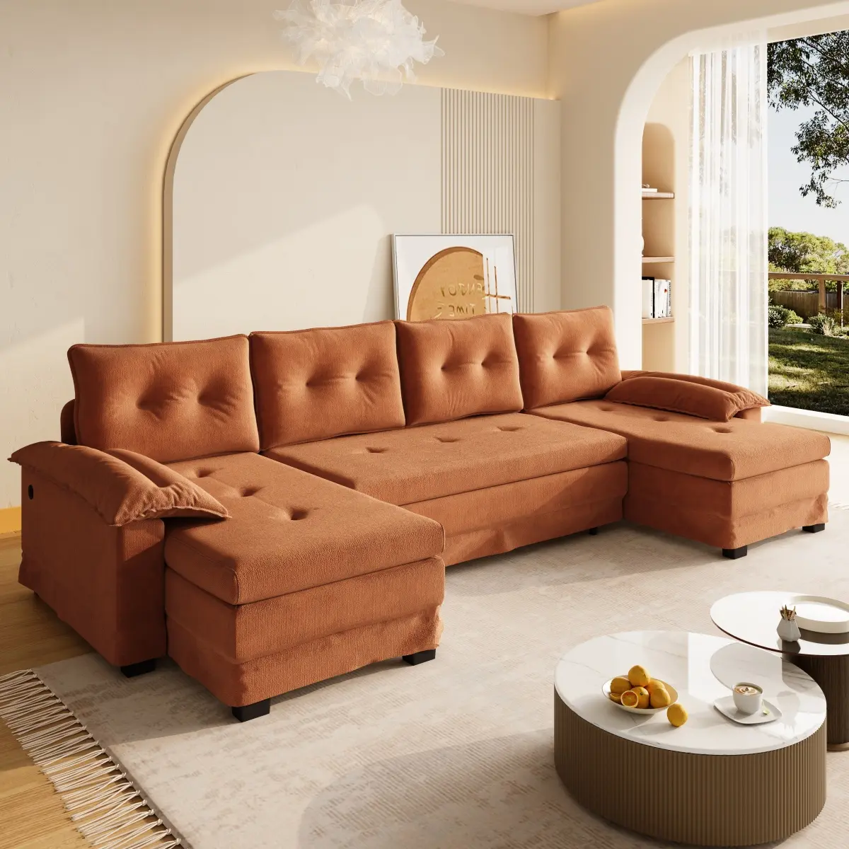 109.5-in Sturdy Cotton Modern Modular Sofa Couch - 2-in-1 Convertible Sleeper with Pull-Out Bed, Removable Armrests, USB Ports, Chaise Lounge for Living Room Watch Party, Multiple Seats, Orange