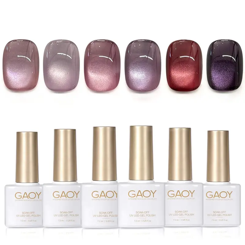 GAOY Purple Glitter Cat Eye Gel Polish 6 Colors, Violet Flame | UV Lamp Required, Holographic, Nail Art DIY at Home, Salon Manicure Pedicure, Long Lasting, Gift for Women