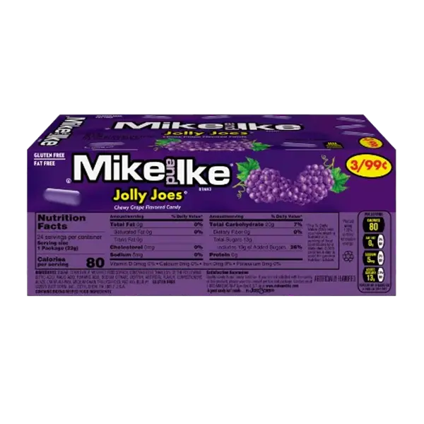 MIKE AND IKE Jolly Joes Low Fat Fruit Candies, 0.78 oz Box (Pack of 24), Natural Sugar-Sweetened (No Artificial Sweeteners) Cherry & Berry Flavors, Vending Machine Snacks with Strawberry & Corn Notes