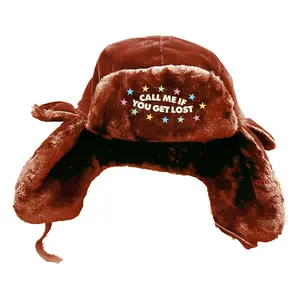 CMIYGL Brown Wool Ushanka Hat with Adjustable Fit & Front Embroidered Stars "Call Me If You Get Lost" Design One Size Fits All