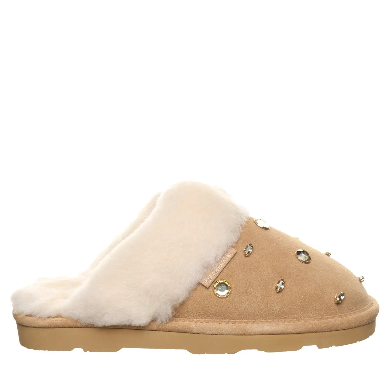 BEARPAW Loki Nova Women's Bejeweled Fur Trim Slippers - Iced Coffee