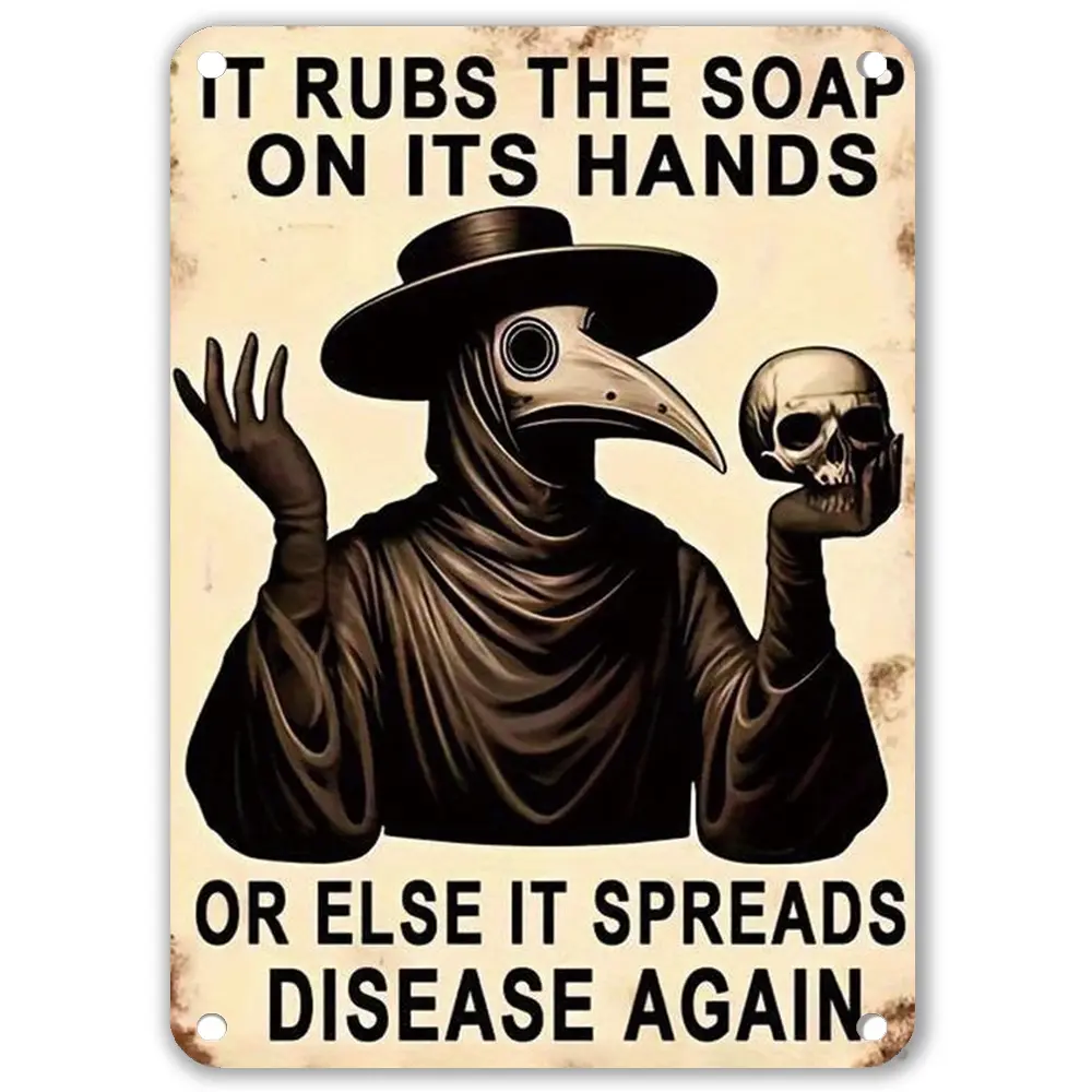 Gothic Plague Doctor Metal Tin Sign, 2D Flat Vintage Wall Art Plaque, 8x12 Inch Pre-Drilling for Easy Wall Hanging, Rustic Handwashing Reminder Sign, Iron Bathroom & Home Decor, Unique Halloween Gift, Vintage Garage Signs