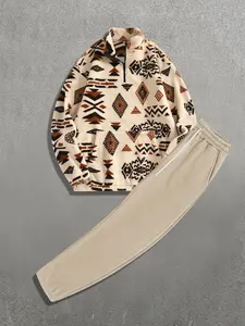 Elegant Ethnic-Style Fleece-Lined Hoodie & Pants Set, Retro Totem Half-Zip Stand Collar Design, Loose Fit Casual for Fall Winter