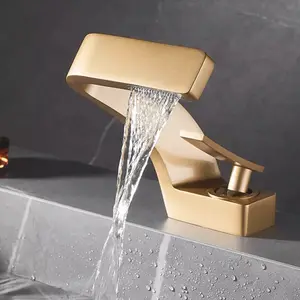 Senlesen Waterfall Bathroom Faucet 1Hole Lavatory Vanity Mixer Tap Single Handle Bathroom Sink Faucet Brushed Gold Washbasin Faucets with Supply Hoses