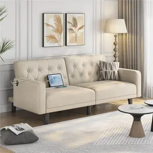 Yaheetech 63in Convertible Futon Sofa Bed Couch Split-back Sleeper w/ USB Ports for Living Room, Guest Room, Apartments, Guest Rooms