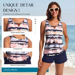 【S-2XL】Hanna Nikole Women 2 Piece Tankini Swimsuits Modest Bathing Suit Beads V Neck Swimwear with Sporty Swim Shorts Pockets #tiktok shop spring glow up #outdoor fun #SwimWeek
