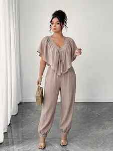 Plus Size Women's Elegant Jumpsuit, Short Sleeve Lace Striped Design, High Waist Loose Fit, Comfortable, Casual and Stylish for Daily Wear