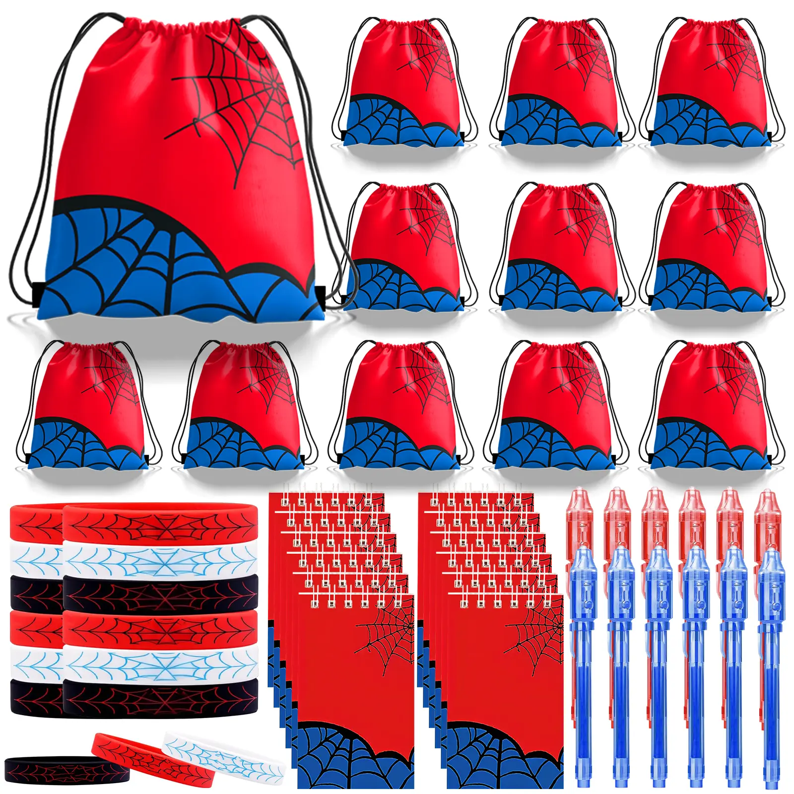 Retro Spider Theme Party Gift Packs - Kid Gifts & Goodie Bag Fillers, Lightweight Mini Stuffer Set for Children, Includes Drawstring Bags, Notebooks, Silicone Bracelets, Highlighters for Birthday, New Year's Eve