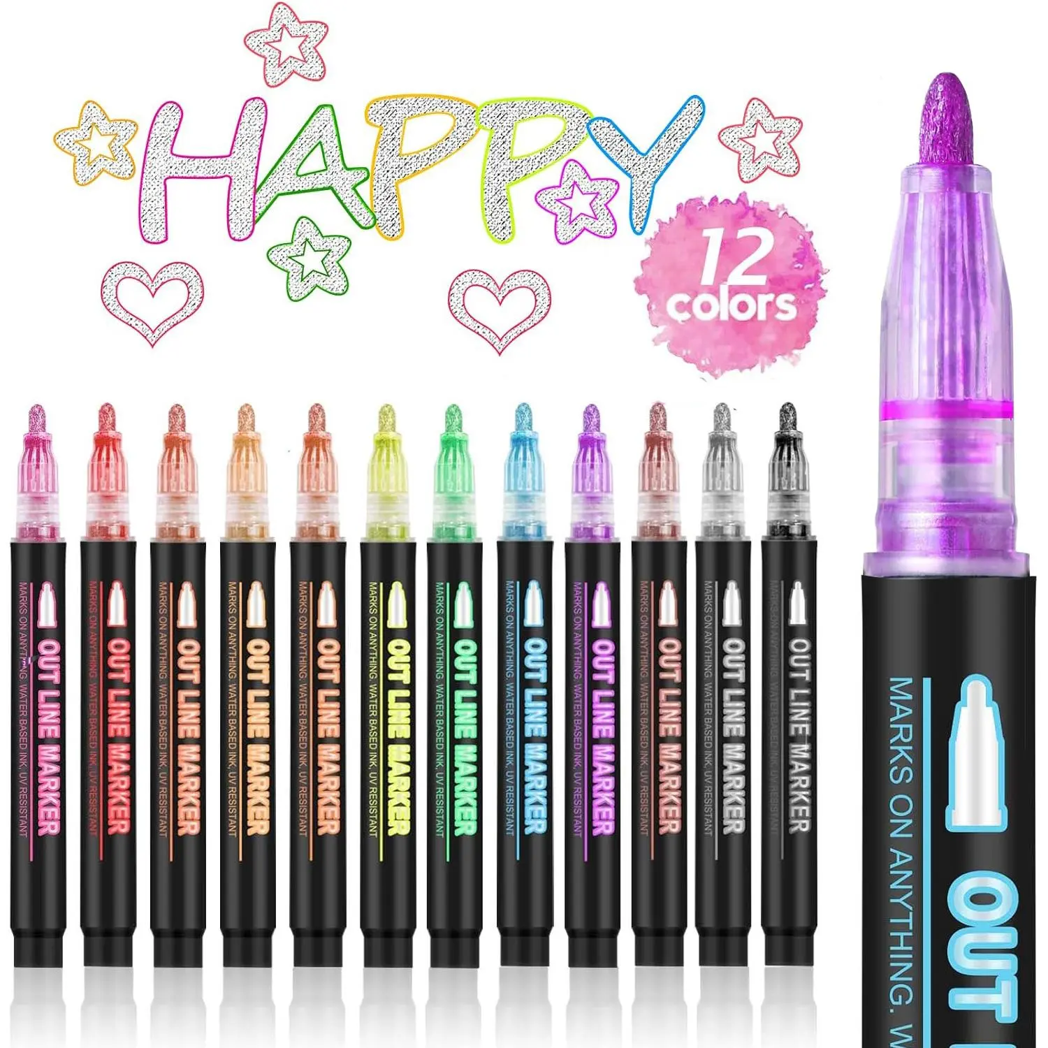 Glitter Outline Marker Pen Set, 12pcs/box Double Line Glitter Marker Pen, Art Craft Pen for Card Making, DIY Scrapbooking, Gift Ideas