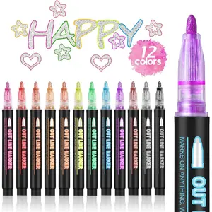 Glitter Outline Marker Pen Set, 12pcs/box Double Line Glitter Marker Pen, Art Craft Pen for Card Making, DIY Scrapbooking, Gift Ideas