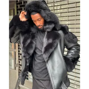 Fashion Black Large Fur Collar Hooded Thickened Fleece Men's Leather Jacket