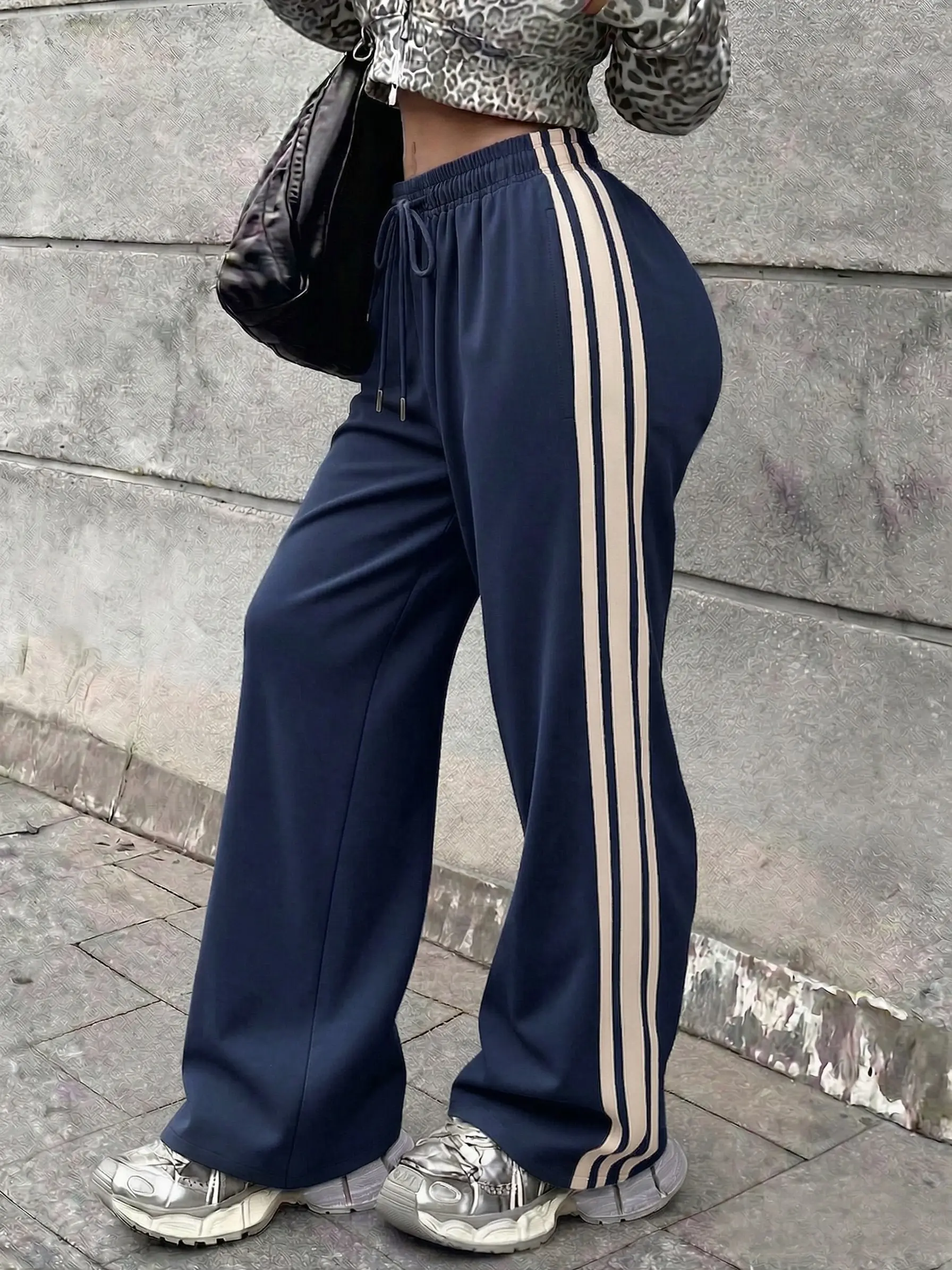 Women's Vintage Navy Blue Striped Woven Fabric Bottoms - Comfy Mid-Waist Elastic-Waist Straight Leg Pants for Spring/Autumn, Casual Retro Sports Pants with Fast Shipping
