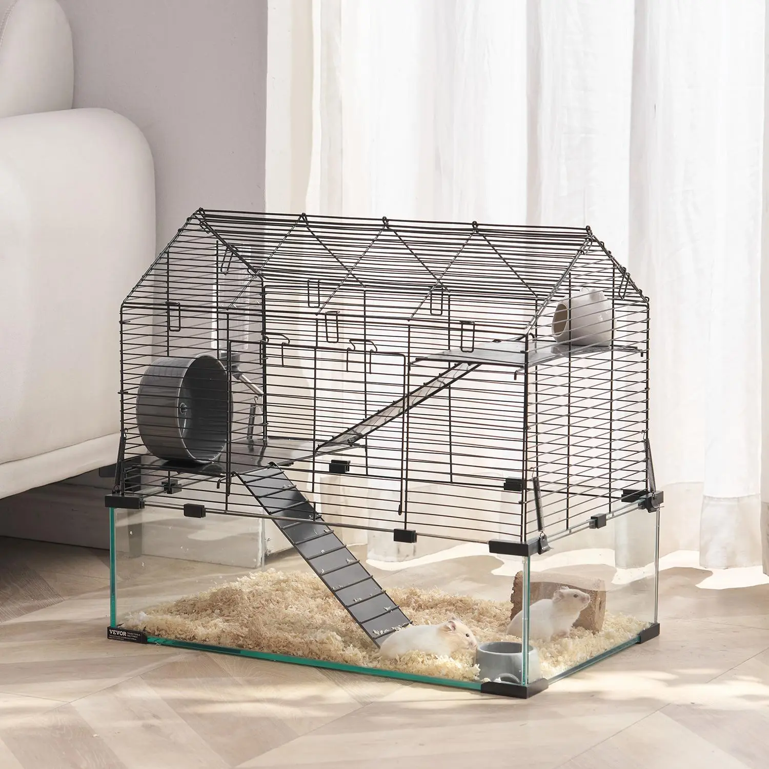 【Back to School】VEVOR Metal Hamster Cage, 360-Degree Panoramic View Transparent Habitat, 22.8x15x21.3in Ventilated Small Animal Home with Water Bottle, Easy to Assemble Portable House for Rat/Guinea Pig