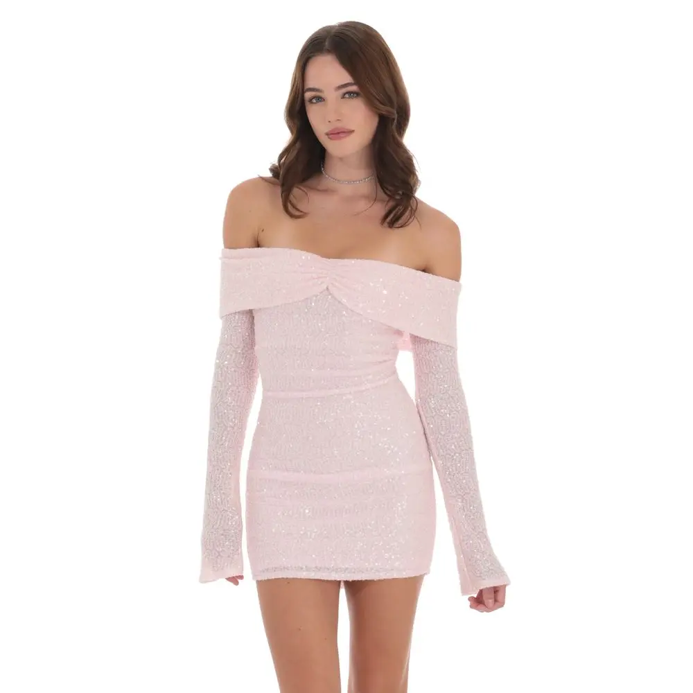 Sequin Off Shoulder Dress in Pink