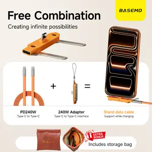 Basemo 240W SuperCharge 360° Rotating Invisible Stand Detachable 2-in-1 Charging Cable, Zinc Alloy Silicone Type-C Cable, Compatible with Apple and Samsung, Essential for Gaming, Office and Car Use | Single Head, Set.extend Charger Smartphone