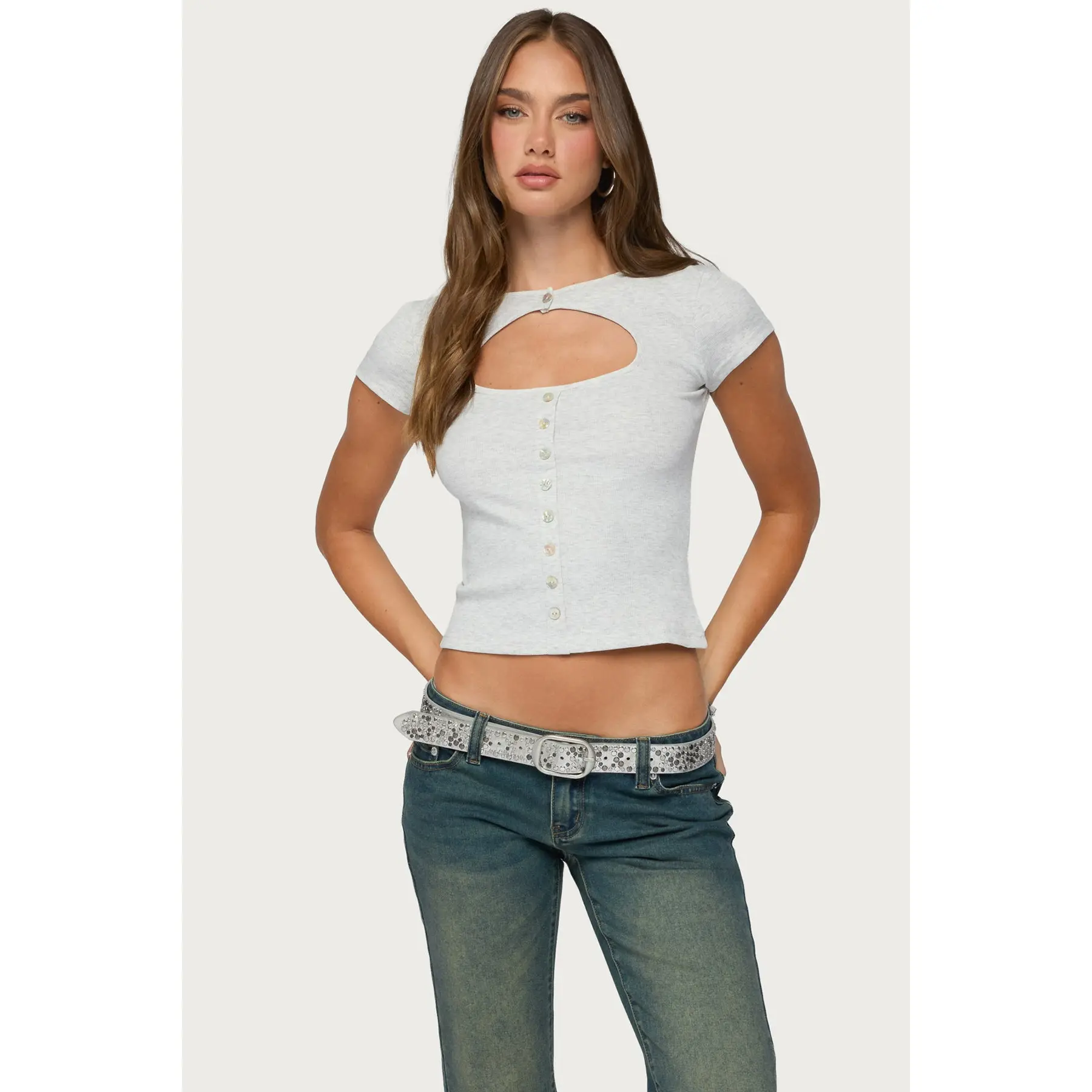 Tyla Button Up Keyhole Cutout Top