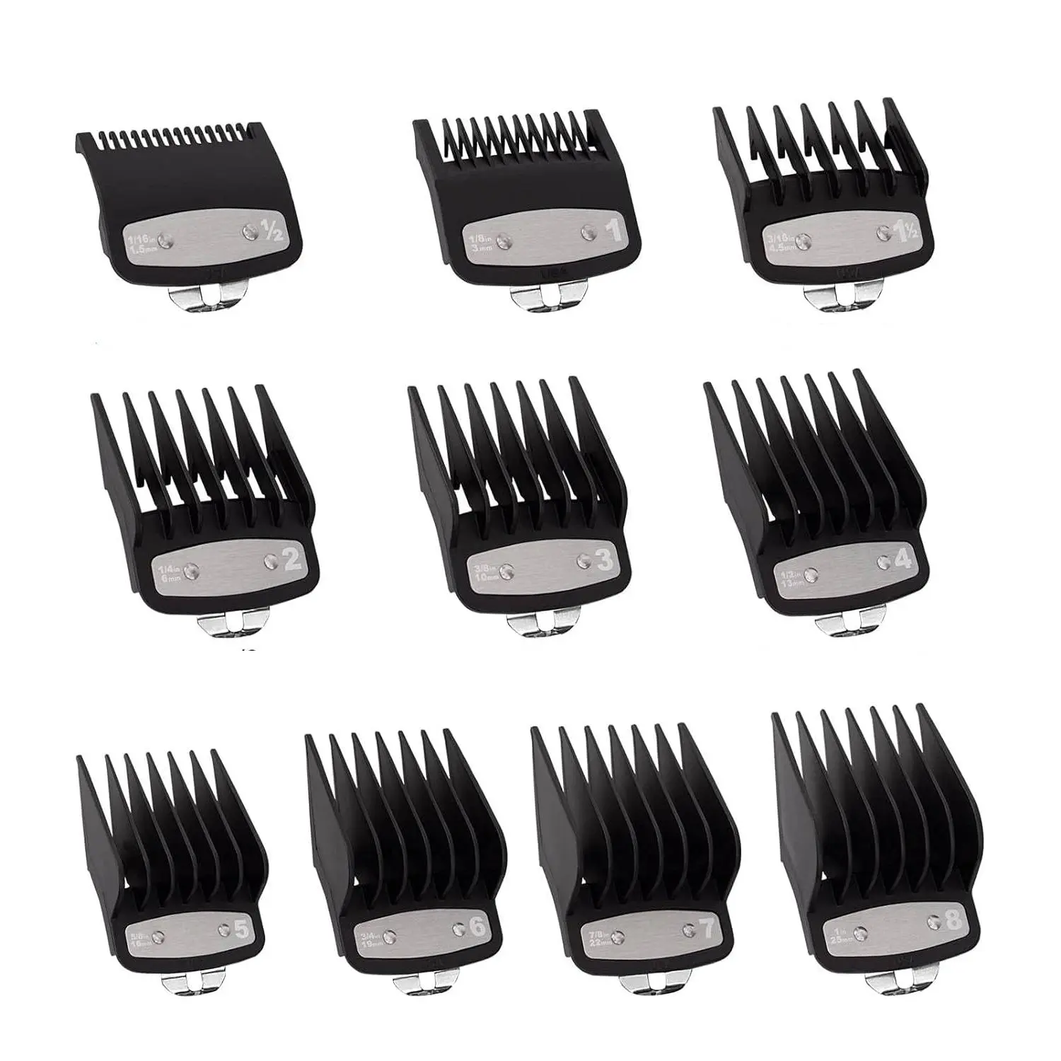 PC & Metal Multi-Size Hair Clipper Guards with Metal Clips, Easy Removal, Washable, Long-Lasting, Compatible with Wahl Hair Clippers, 1/16 in-1 in (1.5-25mm) Sizing Range, for Face Grooming