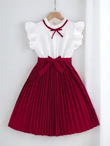 Girl's Patchwork Print Bow Decor Bubble Sleeve Dress, Lovely Bow Dress, Elegant Fashion Casual A Line Dress for Daily Outdoor Wear, Toddler Girls Dress for All Seasons
