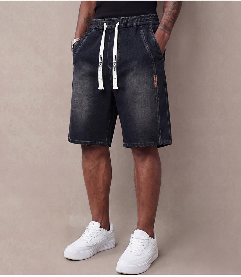 Men&rsquo;s summer lightweight denim shorts &mdash; trendy short men&rsquo;s pants, loose stretch mid-thigh denim shorts, classic street cotton everyday wear for men, elastic waistband drawstring denim shorts