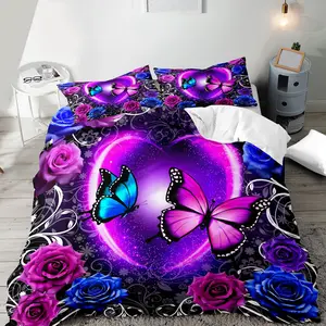 Butterfly & Rose Pattern Bedding Set, 2/3 Counts/set Including Duvet Cover & Pillowcase, Soft Comfortable Bedding Set for Home Bedroom