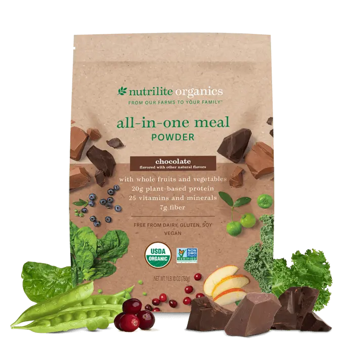 Nutrilite Organics All-in-One Meal Powder Chocolate 15 Servings Vegan Protein Shake Mix with Fiber Vitamins Minerals USDA Organic Plant-Based Beverage for Daily Wellness