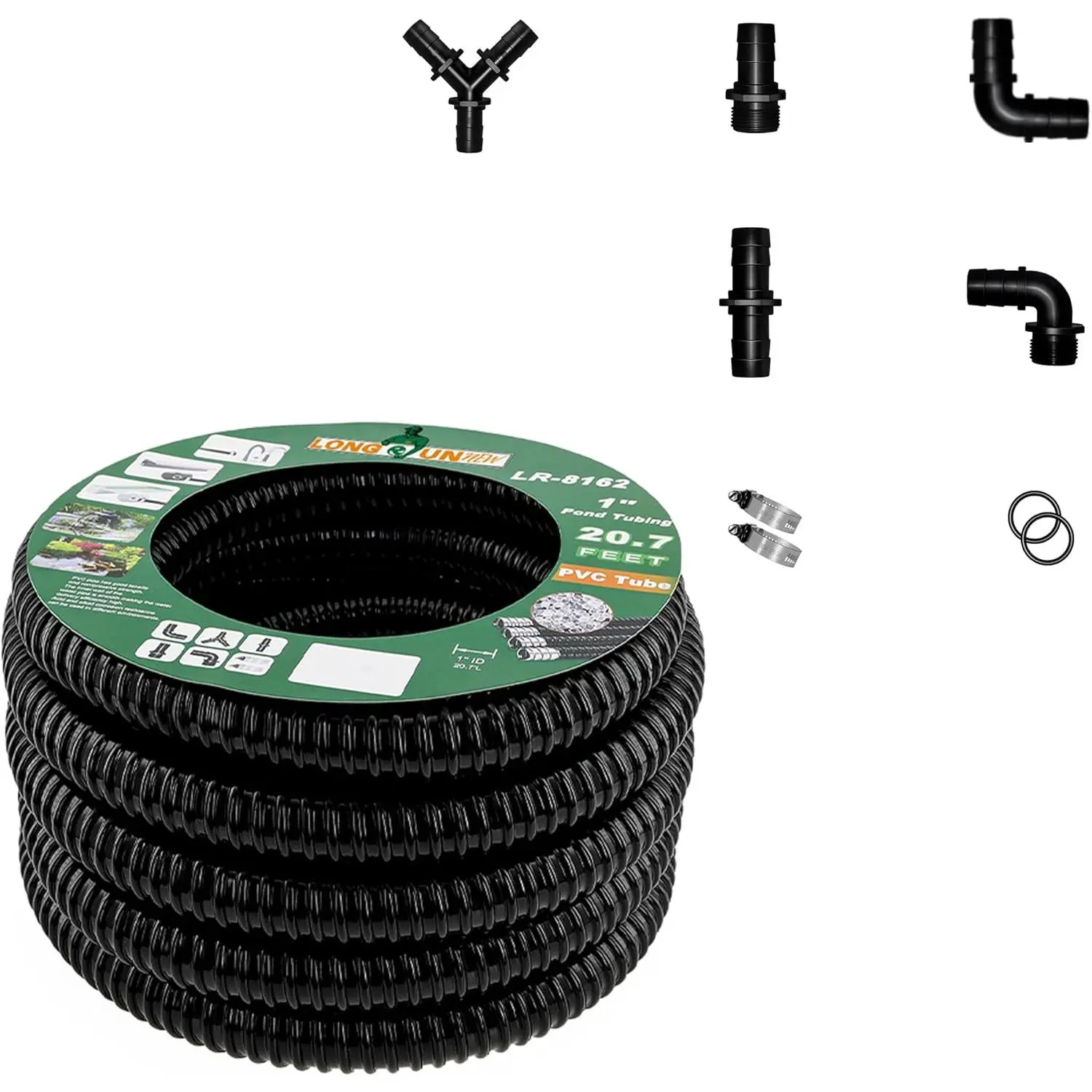 1" Dia. Corrugated Pond Tubing 1-Inch ID, 20.6 FT Length, Black PVC Kinkproof  Flex Tubing with Pipe Fittings, Aquarium, Pond Waterfall, Garden Pond Pump Drainage Tube