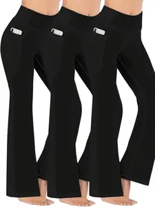 3-Pack Flare Leggings with Pockets For Women,High Waisted Black Flared Leggings,Flare Pants,Yoga Bootcut Wide Leg