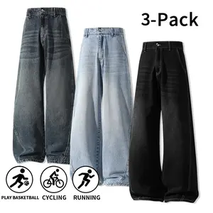 Summer vibe 3-piece set for men: retro wide-leg jeans | Elastic waistband, relaxed washed casual long pants, suitable for sports and everyday wear