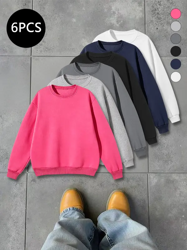 6-Pack Men’s Autumn Crew Neck Solid Color Long Sleeve Sweatshirts – Loose Fit, Comfortable, Casual Everyday Wear, Versatile Base Layer Tops