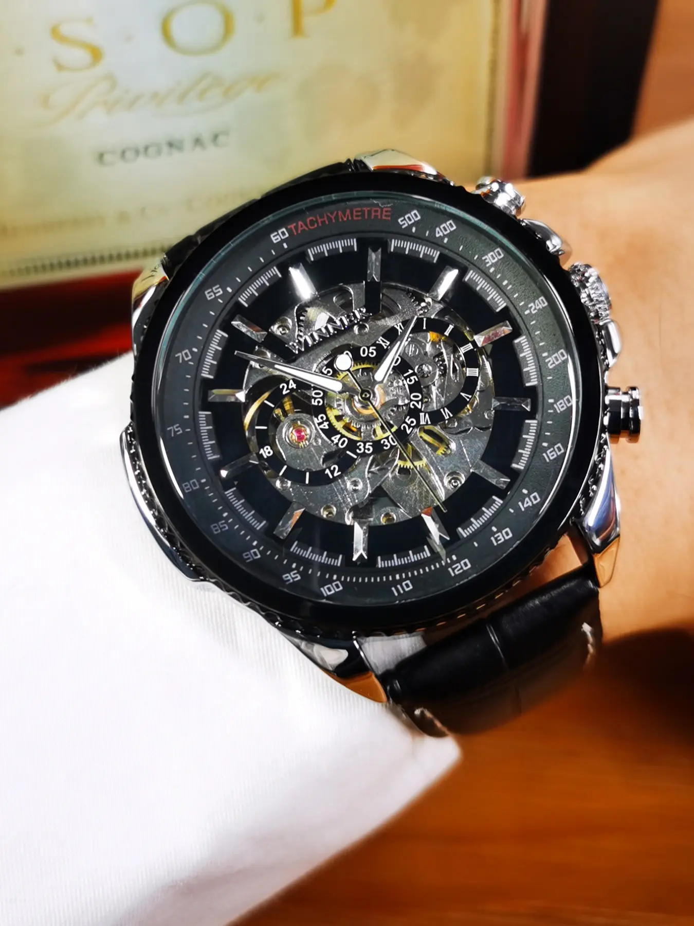 1pc Sports Skeleton Automatic Analog Wristwatches Mechanical Watch for Men Luminous Hands Top Brand Leather Strap Business Casual Mens Watches