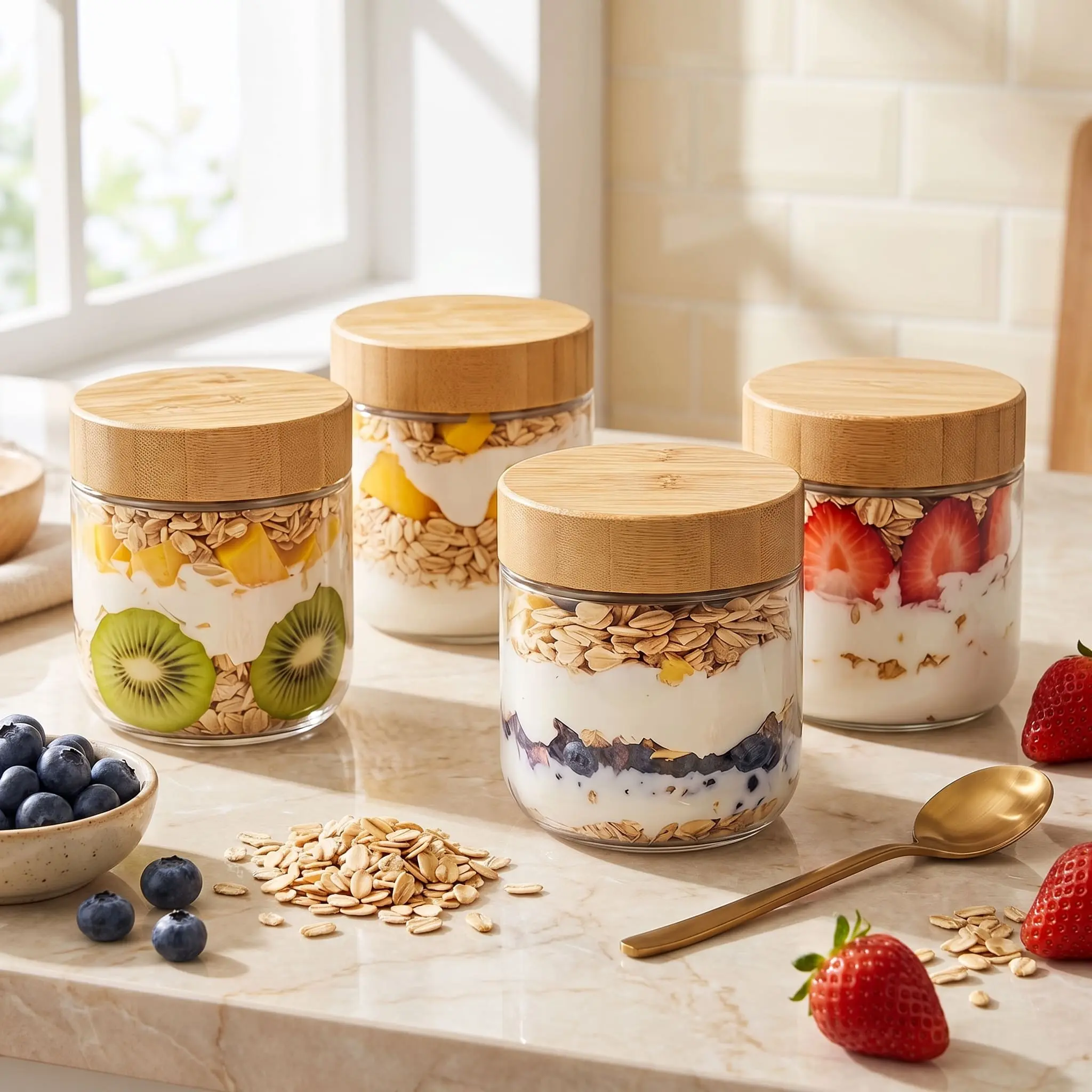 AZDELE 4pcs 350ml Glass Cups with Lid, Nighttime Oatmeal Containers, Glass Food Storage Jars for Yogurt, Chia Seed Snacks and Spices, Food Storage Containers, Kitchen Organization, Durable Glassware, Meal Prep Containers
