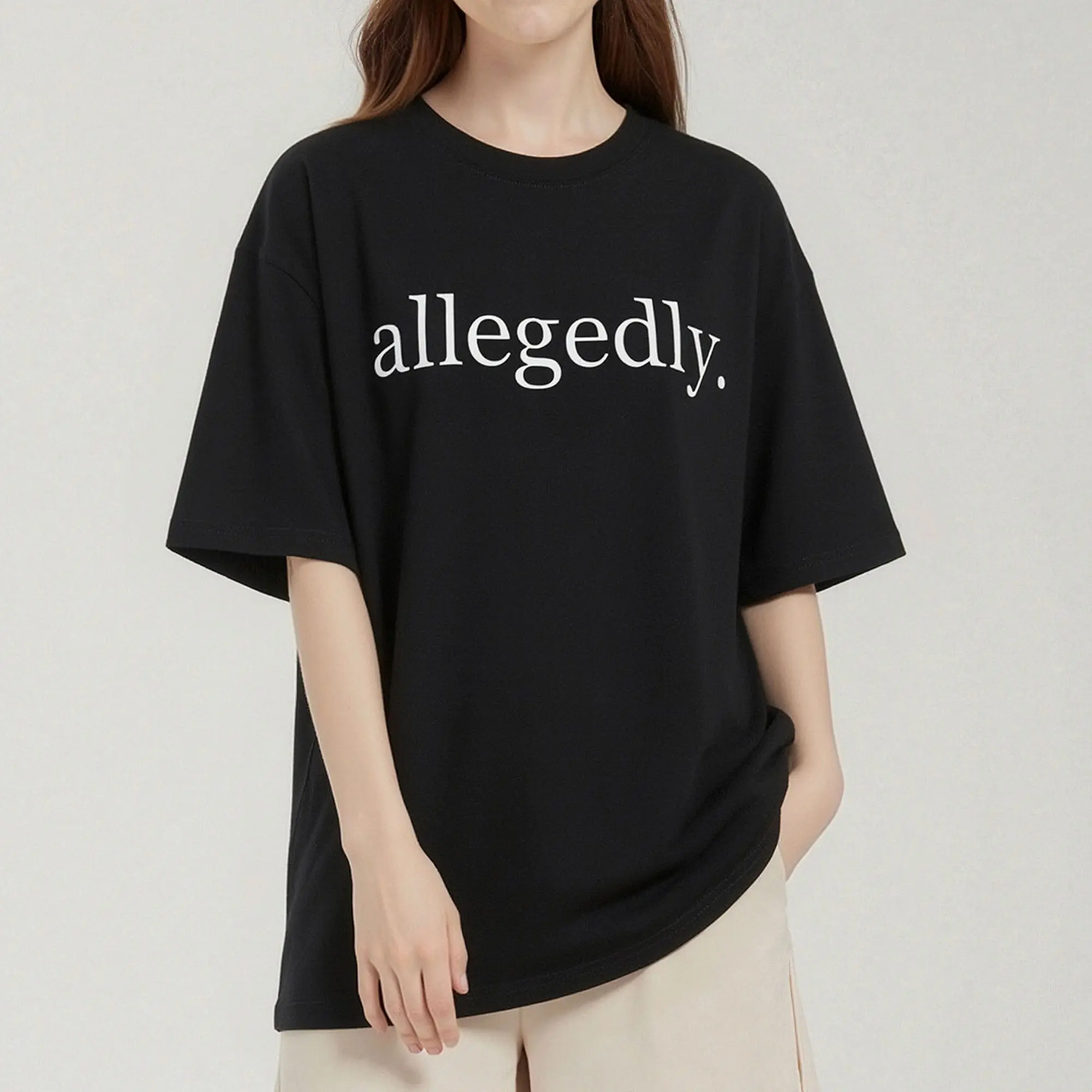 Women's "allegedly" Print Round Neck Tee, Casual Short Sleeve Crew Neck T-shirt for Summer, Fashion Women's Top for Daily Wear, Graphic Tees, Summer Tops  Golf Gift T-Shirt For Men and Women