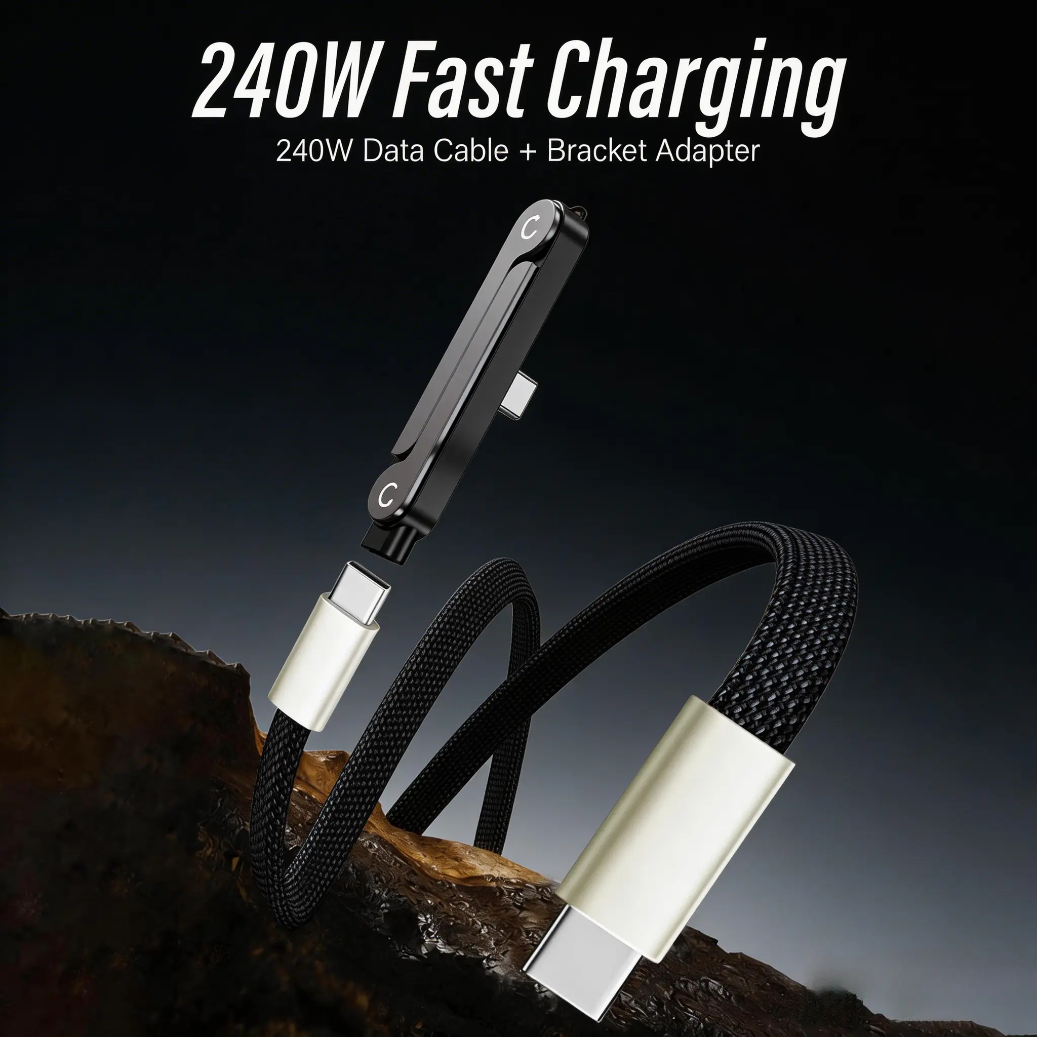240W Super Fast USB Charging Data Cable - 2-in-1 Rotatable Cord with Invisible Holder Stand, Black Long Flat Design, Universal for iPhone Lightning, Samsung Type-C, Gaming, Car Use (Includes Long Charging Cable), Data Cables