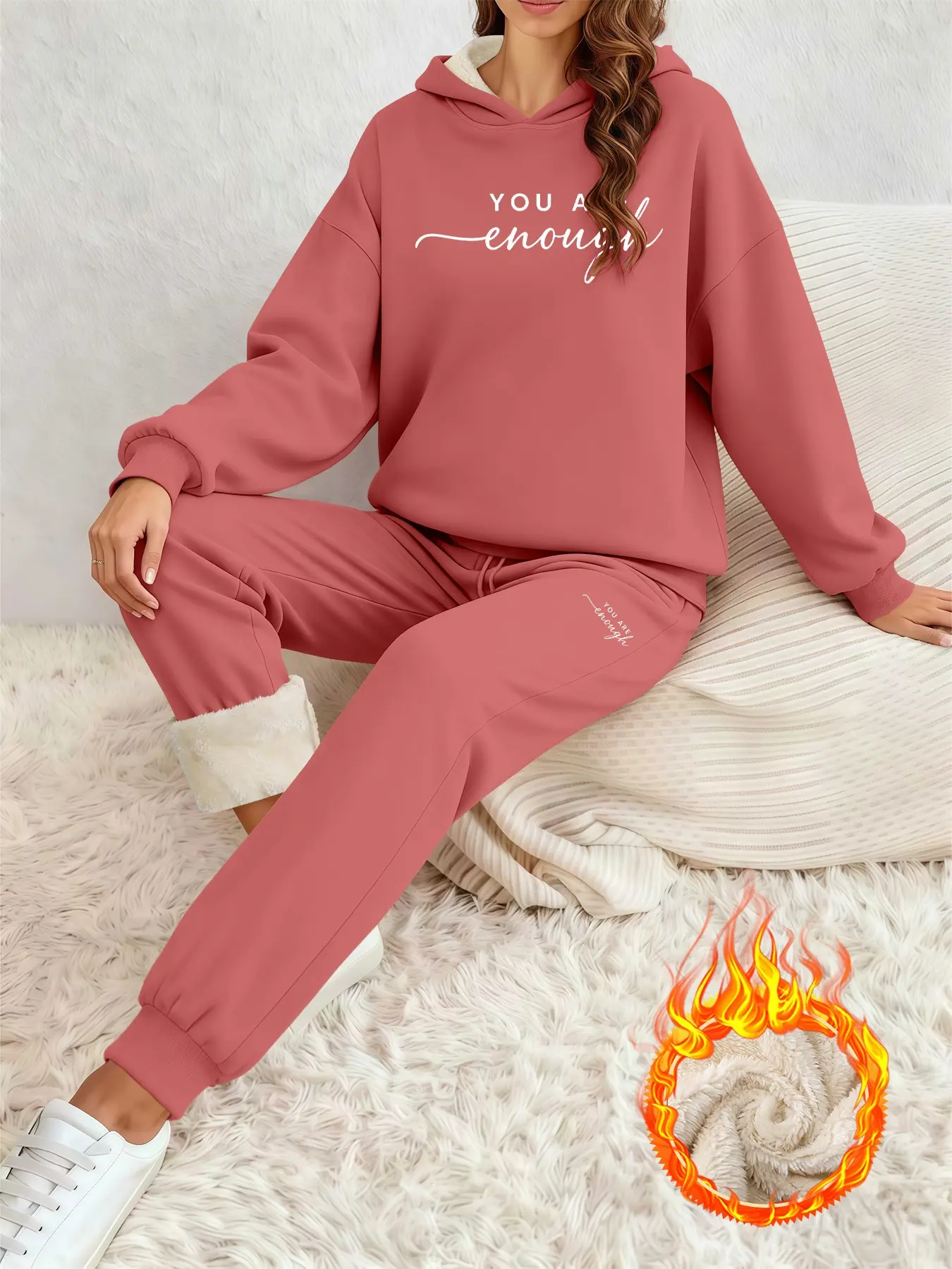 Plus Size Two-Piece for Women, Casual Printed Sweatshirt and Fleece Pants Set for Winter Street Style, Hooded Windproof Tracksuit
