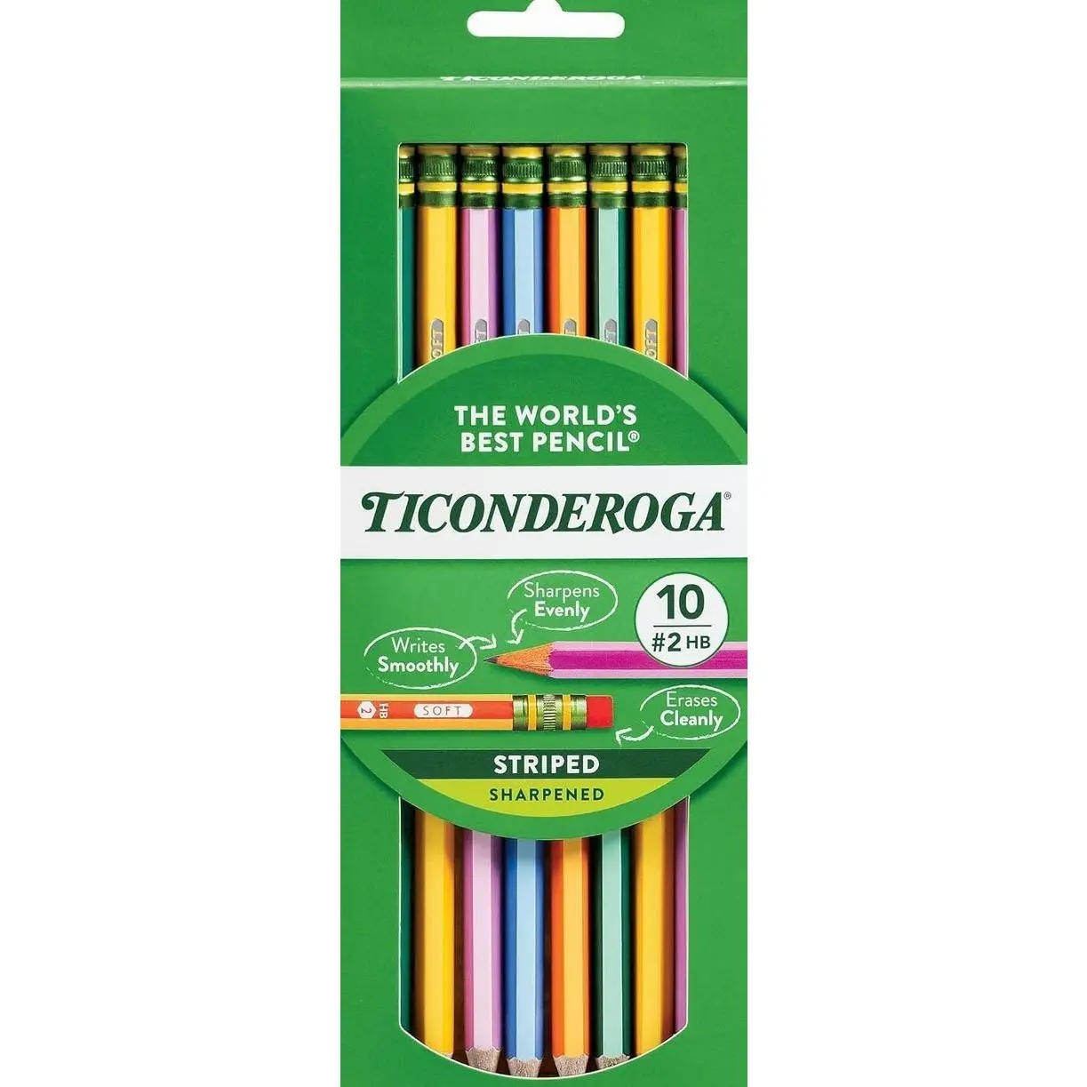 Ticonderoga X13910 Striped Wood-Cased Pencils, 2 HB Soft, Pre-Sharpened, 10 Count, Assorted Colors