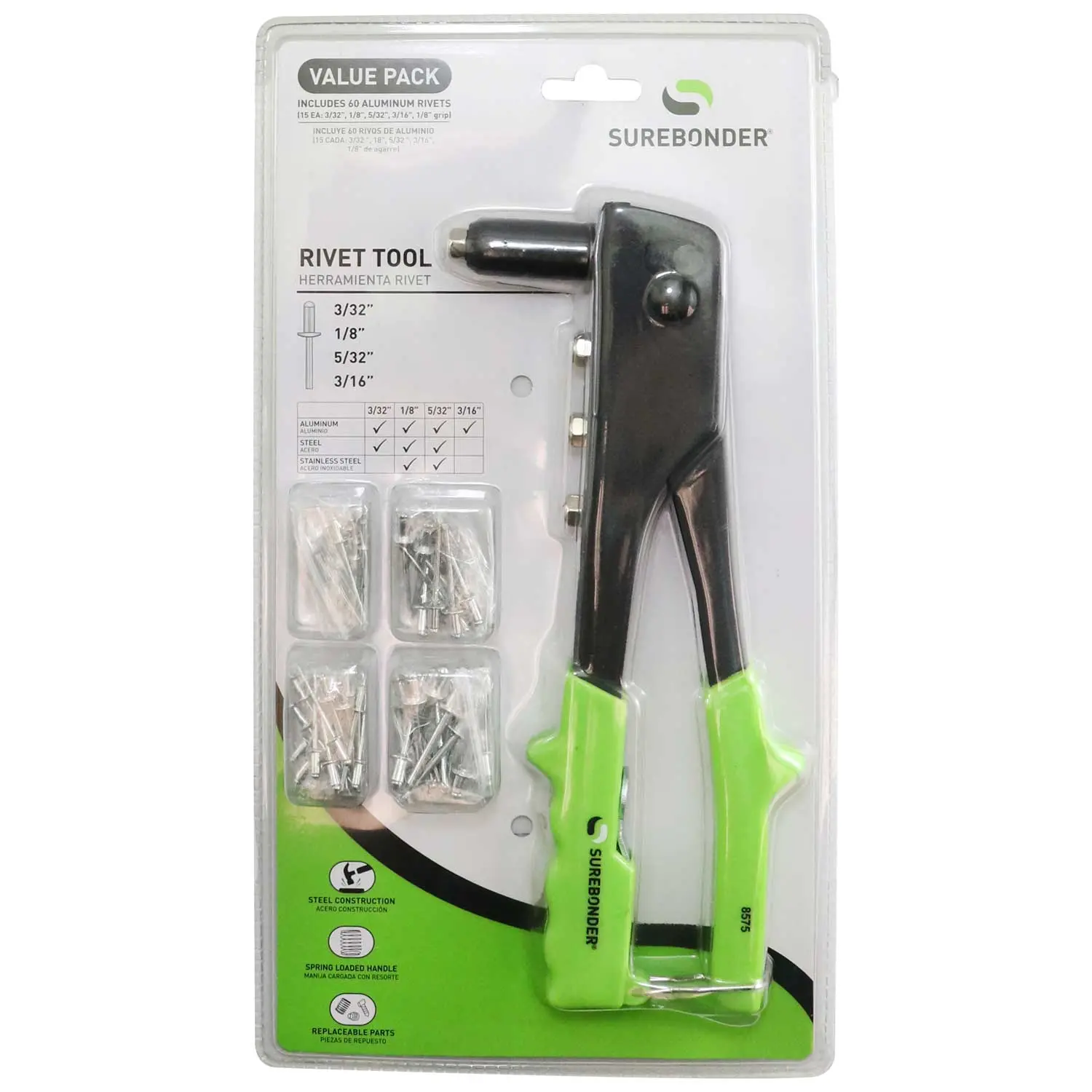 Surebonder Heavy Duty Rivet Tool Kit - Includes 60 Aluminum Rivets, 3/32-in, 1/8-in, 5/32-in and 3/16-in Diameter Rivets