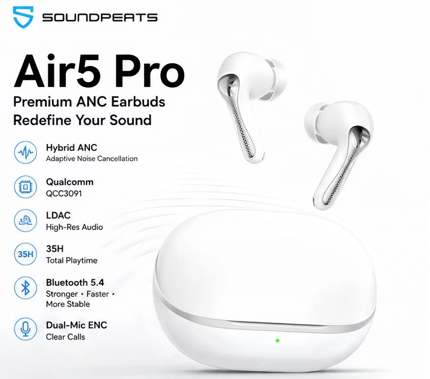 SoundPEATS Air5 Pro In-Ear Electronic Headphone, Bluetooth 5.4, QCC3091 Chip, Dual Mic ANC+Voicecall ENC Noise Cancelling, LDAC Hi-Res Audio, Gaming Mode, Multi-Point Connection, IPX5 Waterproof, 35H Playtime with Charging Support, Ipx5 Rated